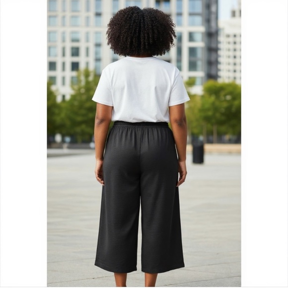 Black Crop Pull On Satin Pant 2X Elastic Tie Waist Plus Size Wide Straight leg - Picture 3 of 7